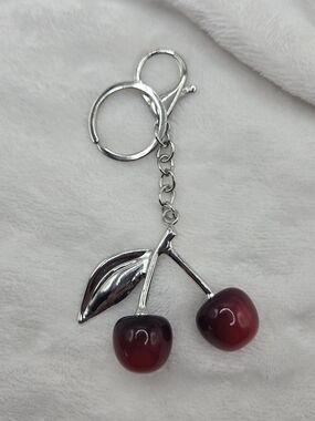 Silver Cherry Keychain Card Holder - Red Cherry Accent